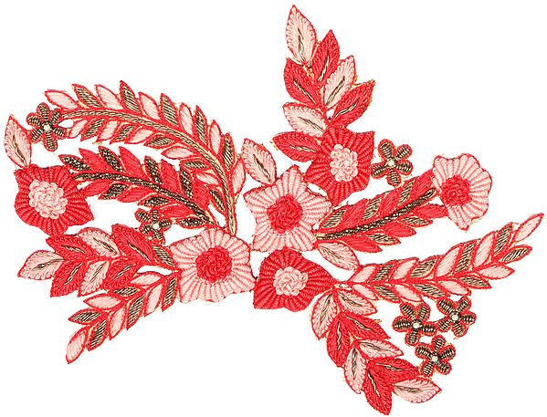 Papaya-Punch and Red Aari-Embroidered Floral Patch with Beads