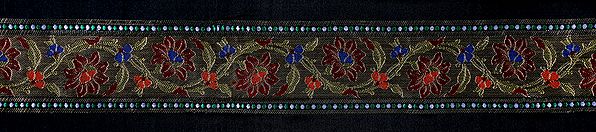 Ink-Black Fabric Border with Zari-Woven Flowers