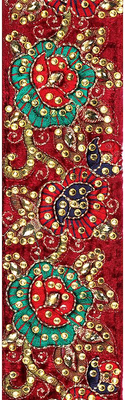 Earth-Red Fabric Border with Aari Embroidered Flowers and Crystals