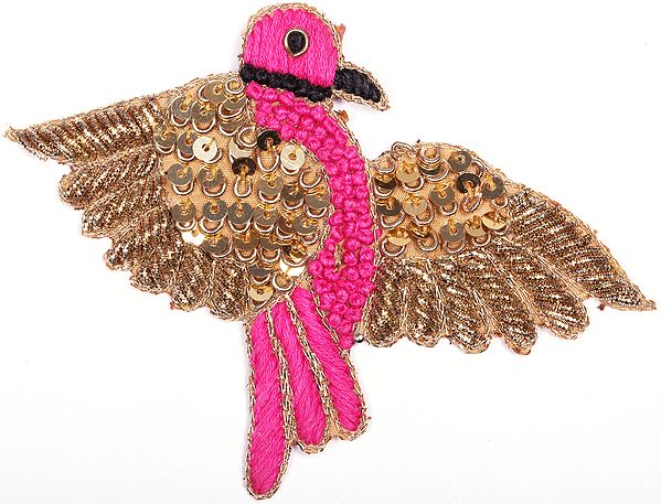 Carmine-Pink Parrot Zardosi Patch with Embroidered Sequins