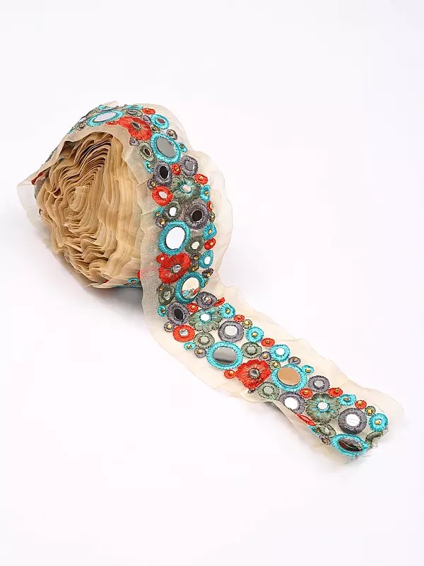 Aari-Embroidered Illusion Mesh Fabric Border with Mirrors and Crystals