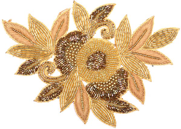 Pale-Gold Embroidered Floral Patch with Embellished Beads