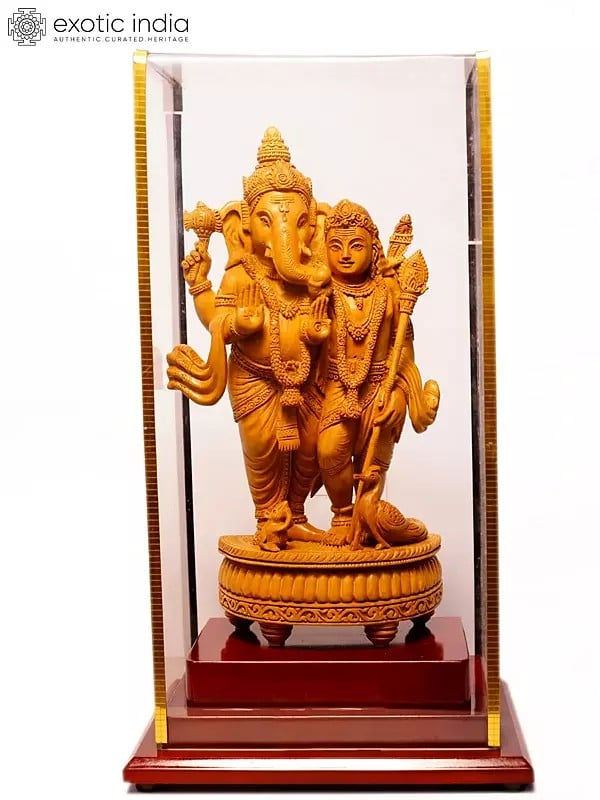 12" Standing Lord Ganesha and Karttikeya (Murugan) with Mushak and Peacock | Sandalwood Carved Statue