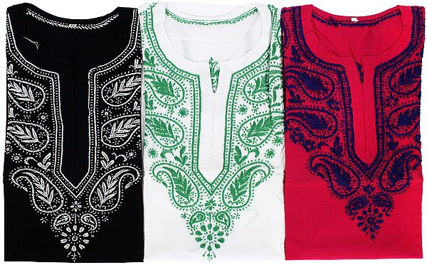 Lot of Three Kurti Tops with Chikan Embroidery