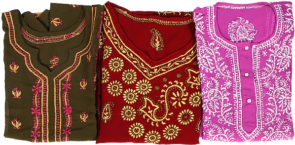 Lot of Three Kurti Tops with Lukhnavi Chikan Embroidery