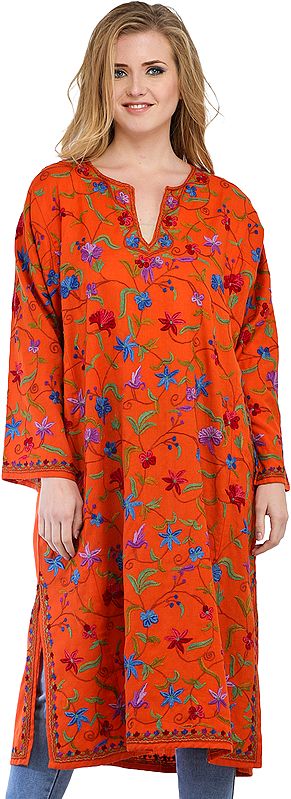 Tigerlily-Orange Kashmiri Phiran with Aari Hand-Embroidered Flowers