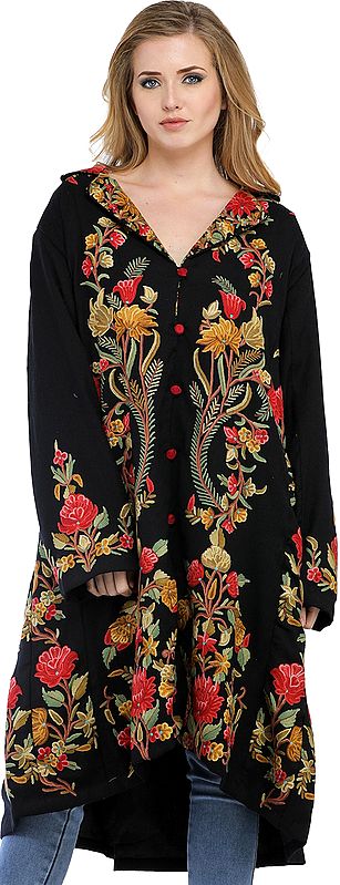 Jet-Black Long Kashmiri Jacket with Aari Hand-Embroidered Flowers