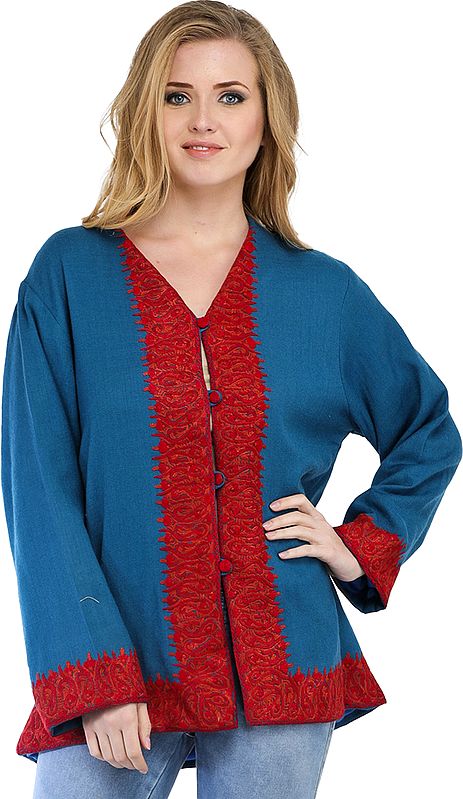 Steel-Blue Kashmiri Jacket with Aari Hand-Embroidered Paisleys in Red Color Thread