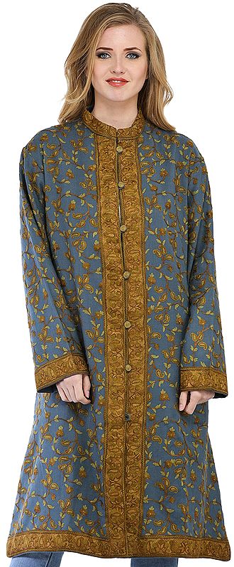 Storm Blue Long Kashmiri Jacket with Aari Hand-Embroidered Paisleys