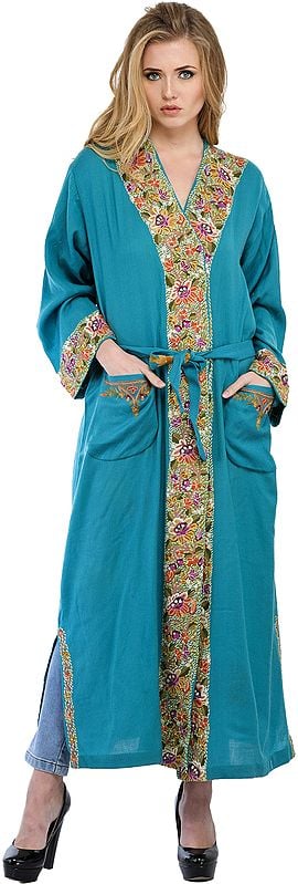 Mosaic Blue Kashmiri Robe with Aari Floral-Embroidery by Hand
