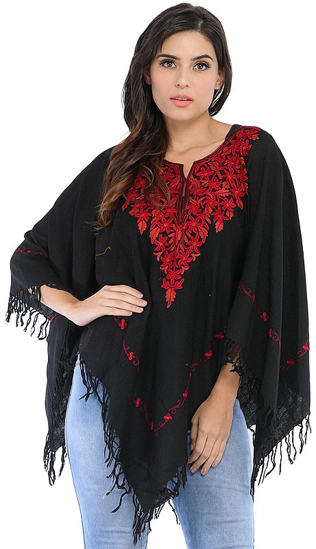 Jet Black Poncho with Aari Embroidery by Hand on Neck and Border