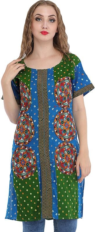Green and Sky Blue Bandhani Tie-Dye Kurti with Embroidered Patches