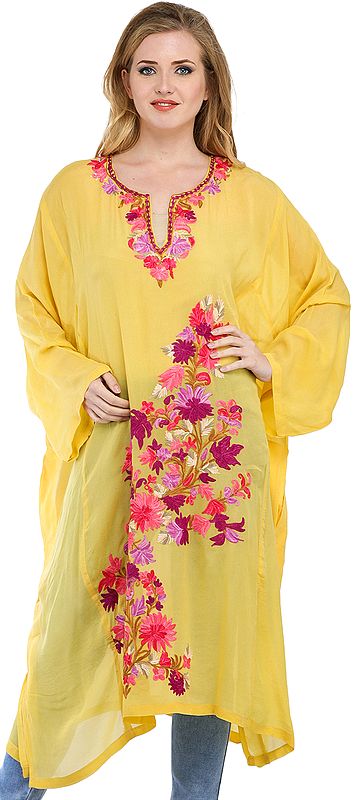 Primrose Yellow Kashmiri Sheer Phiran with Aari Floral-Embroidery