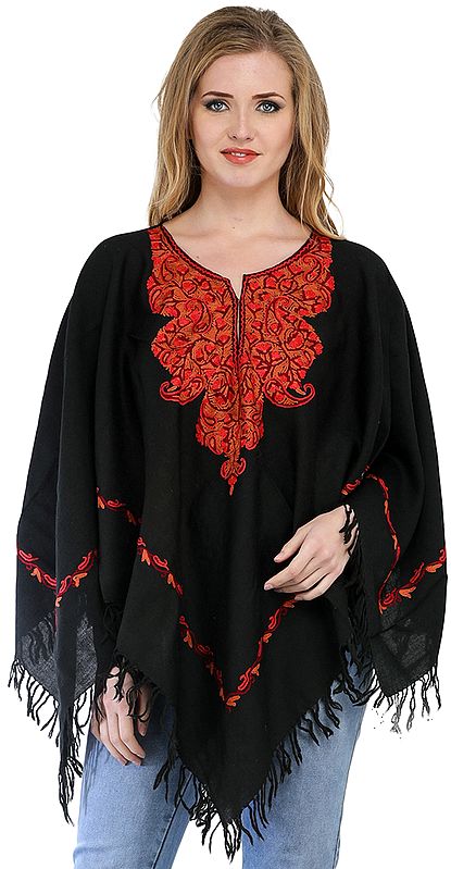 Caviar Black Poncho with Aari Embroidery by Hand on Neck and Border