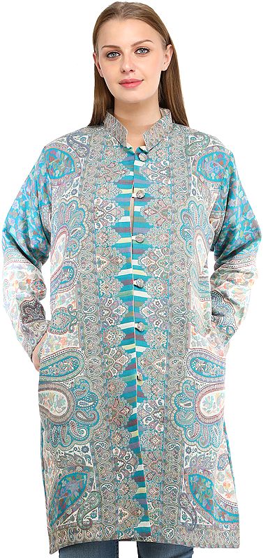 Blue-Jewel Kani Jamawar Long Jacket from Amritsar with Woven Paisleys and Florals