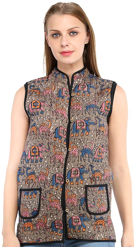 Cobblestone and True-Blue Reversible Jacket from Pilkhuwa with Printed Elephants and Deers