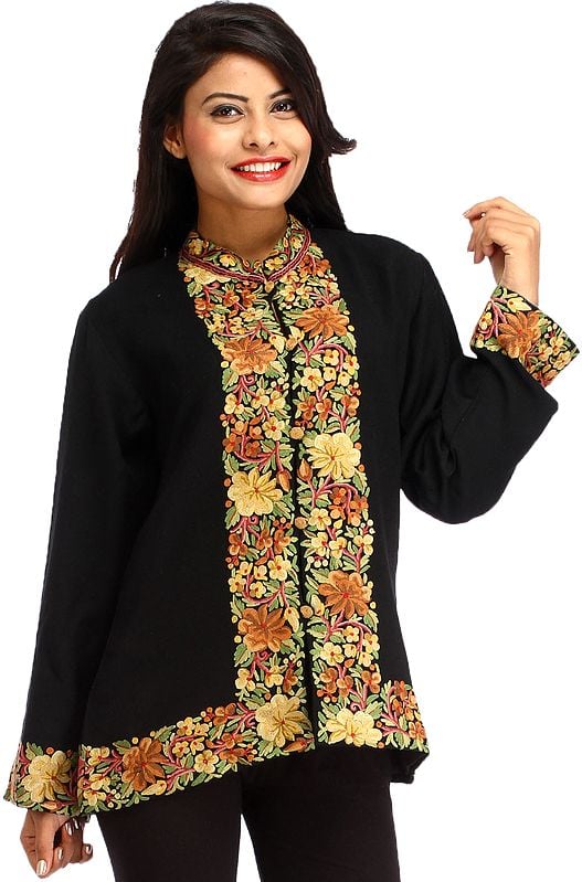 Caviar-Black Jacket from Kashmir with Aari Embroidered Flowers