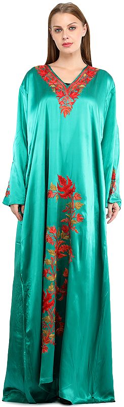 Emerald-Green Long Gown from Kashmir with Aari Embroidered Flowers