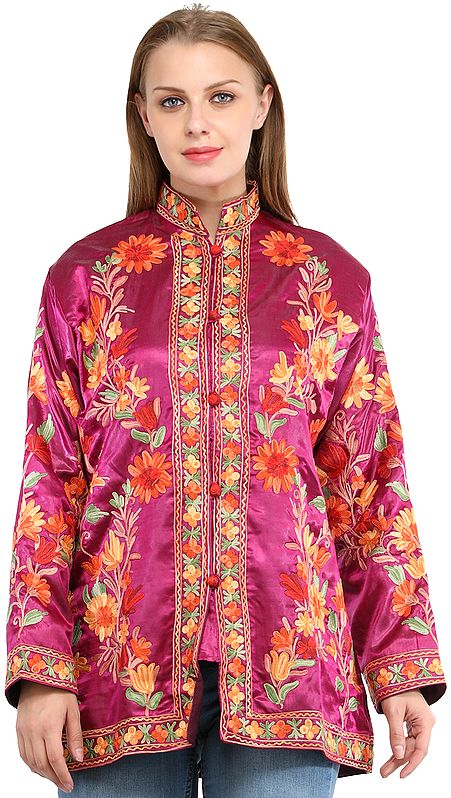 Festival-Fuchsia Jacket from Kashmir with Florals Embroidered By Hand