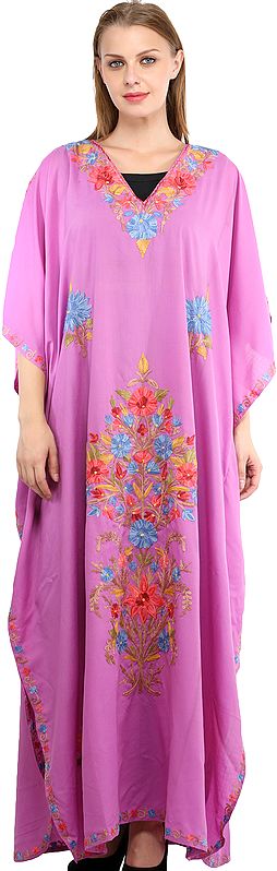 Radiant-Orchid Kaftan from Kashmir with Aari Embroidered Flowers