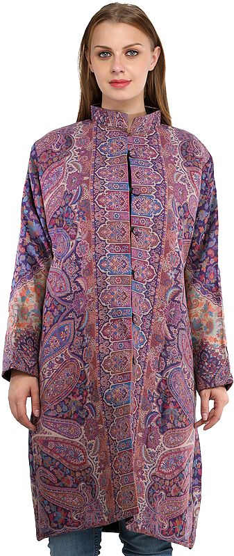 Wood-Violet Kani Jamawar Long Jacket from Amritsar with Woven Paisleys and Florals