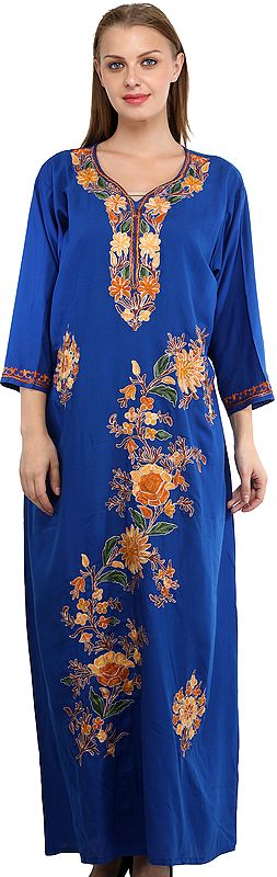 Dazzling-Blue Long Gown from Kashmir with Aari Embroidered Flowers