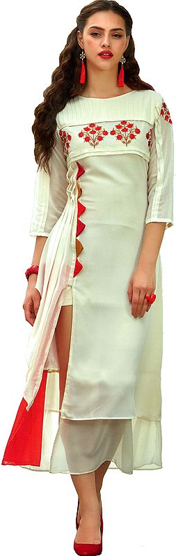 Pearled-Ivory Long Kurti with Pleated Side and Floral Embroidery