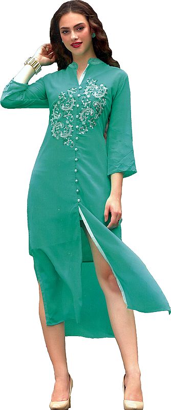 Ice-Green Long Kurti with Pearl Buttons and Floral Embroidery