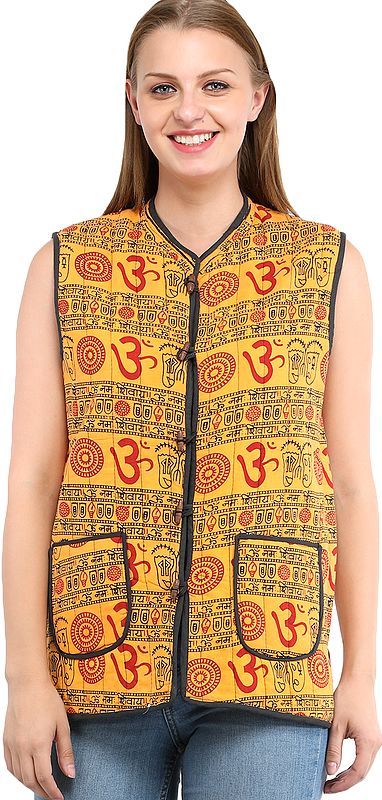 Marigold and Iris-Orchid Reversible Waistcoat from Pilkhuwa with Printed OM and Florals