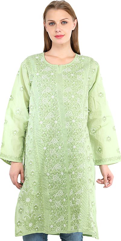Forest-Shade Kurti with Lukhnavi Chikan Embroidery All-Over