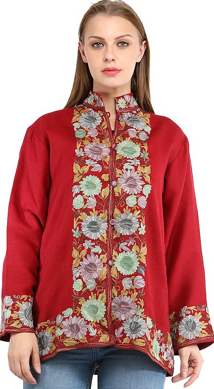 Earth-Red Jacket from Kashmir with Aari Embroidered Flowers