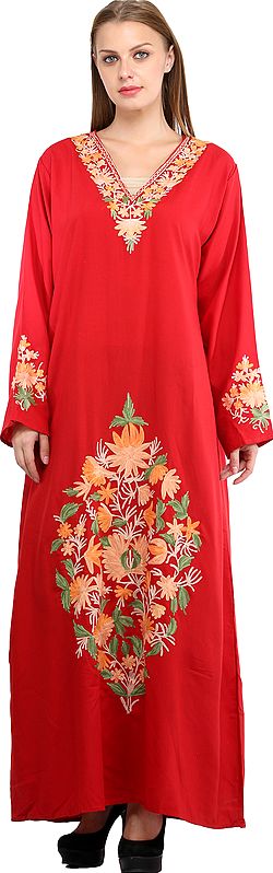 High-Risk Red Long Gown from Kashmir with Aari Embroidered Flowers