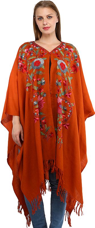 Burnt-Orange Cape from Kashmir with Aari Embroidered Flowers by Hand