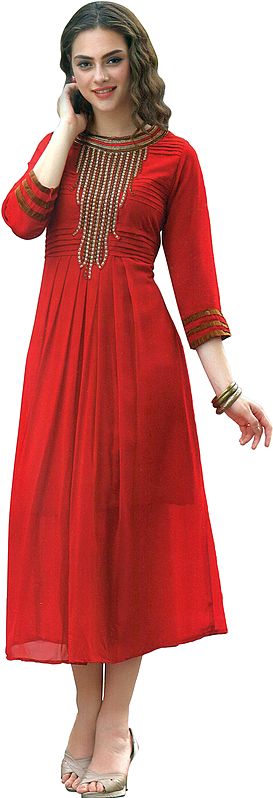 High-Risk Red Long Pleated Kurti with Zari Embroidery on Neck