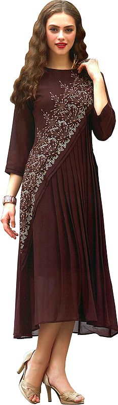 Chestnut Long Pleated Kurti with Aari-Embroidered Florals and Brown Beads