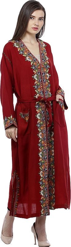 Garnet-Red Kashmiri Robe with Aari Floral-Embroidery by Hand