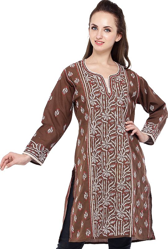 Acorn-Brown Kurti with Lukhnavi Chikan Embroidered Flowers and Bootis