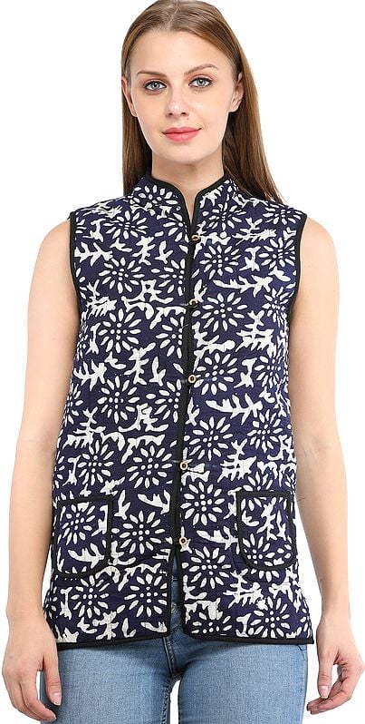 Twilight-Blue and White Reversible Jacket from Pilkhuwa with Printed Flowers