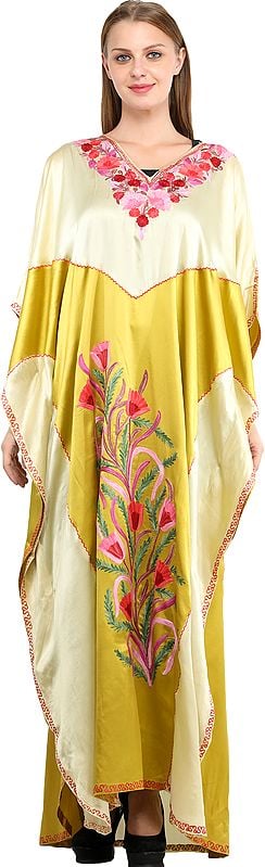 Misted-Yellow Double-Shaded Kaftan from Kashmir with Aari Embroidered Flowers