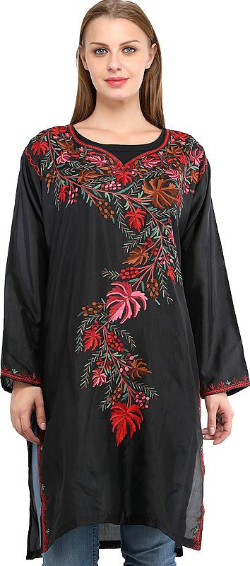 Phantom-Black Long Kurti from Kashmir with Aari Embroidered Flowers and Maple Leaves