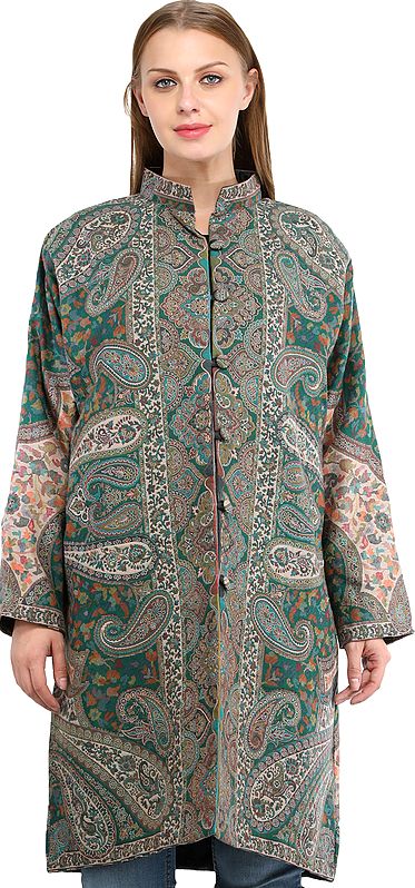 Alpine-Green Kani Jamawar Long Jacket from Amritsar with Woven Paisleys and Florals