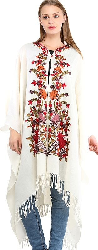 Floral-White Cape from Kashmir with Aari Embroidered Flowers by Hand