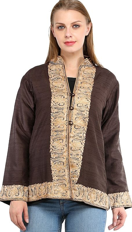 Coffee-Bean Kashmiri Jacket with Aari Hand-Embroidered Florals on Border