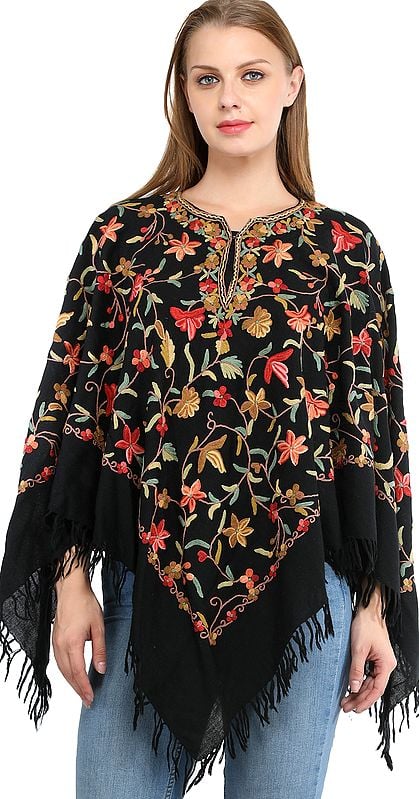 Phantom-Black Poncho from Kashmir with Aari Hand-Embroidered Flowers All-Over