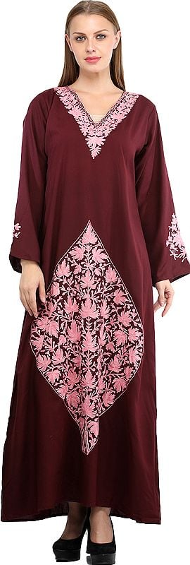 Windsor-Wine Long Gown from Kashmir with Aari Embroidered Flowers