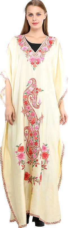 Double-Cream Kaftan from Kashmir with Aari Embroidered Flowers and Paisleys