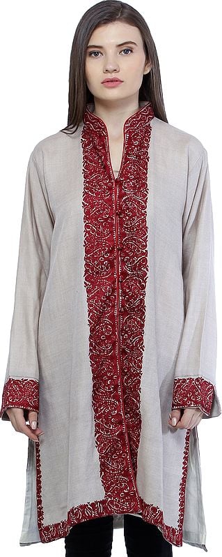 Wood-Ash Long Jacket from Kashmir with Aari Embroidered Paisleys on Border