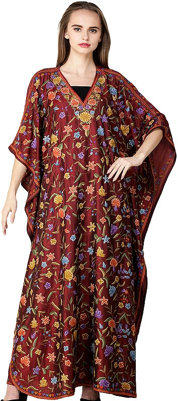 Rosewood Kaftan from Kashmir with Aari Embroidered Flowers and Paisleys