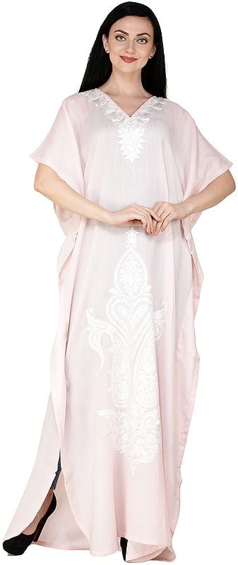 Melted-Rose Kaftan from Kashmir with Aari Embroidered White Flowers and Paisleys