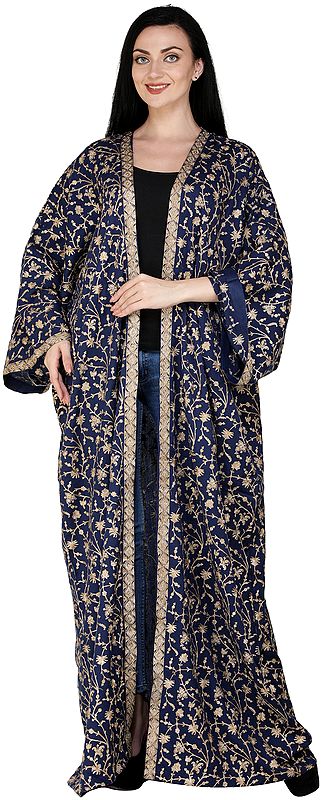 Twilight-Blue Long Kashmiri Robe with Aari Hand-Embroidered Florals All-Over
